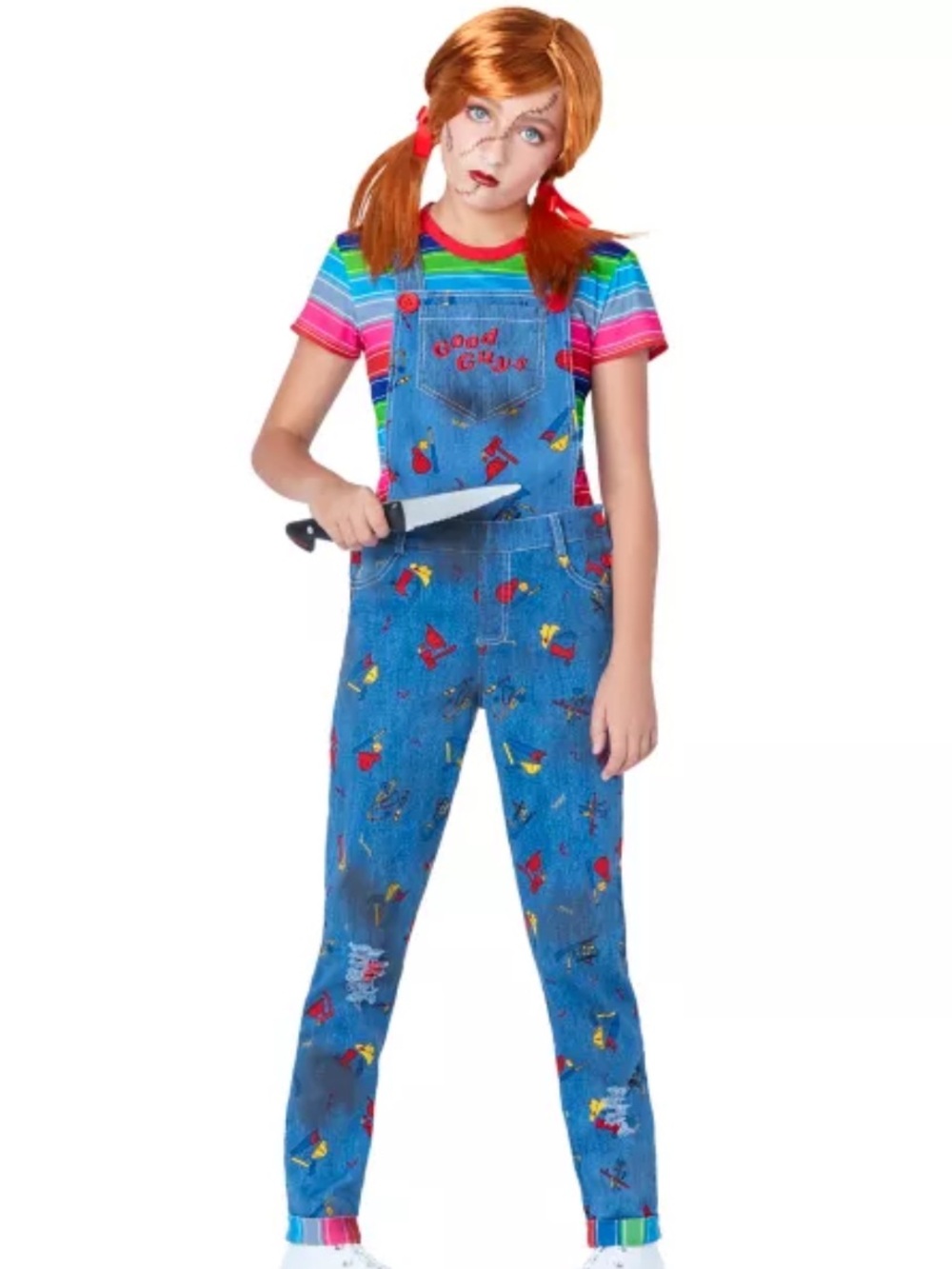 Kids Blue Chucky ‘Good Guys' Overalls Costume with Multicolor Striped Shirt